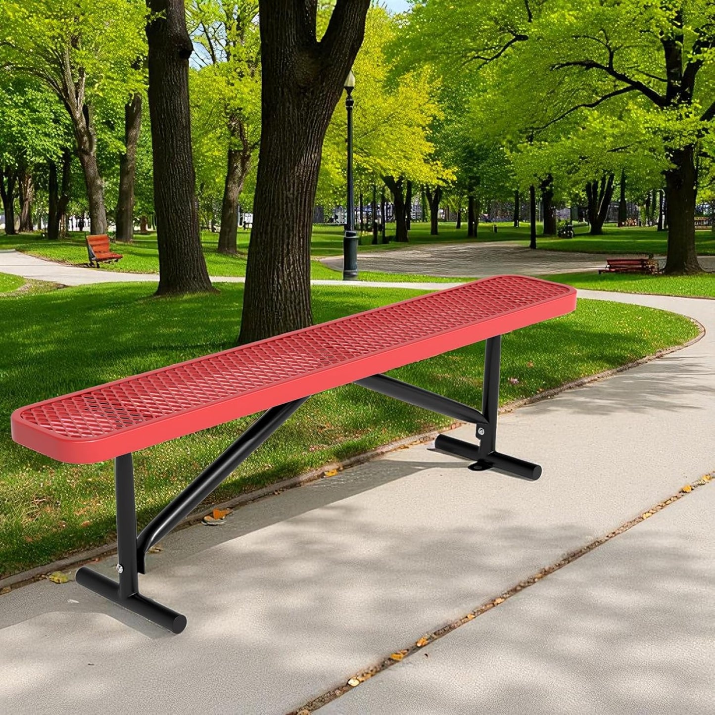 48" L Outdoor Steel Flat Bench, Heavy Duty Metal Park Bench for Outside, Expanded Metal, Commercial Benches Mesh Bench for Shopping Mall, Store, Lawn, Park, Patio, Deck, Garden (Red, 6FT)
