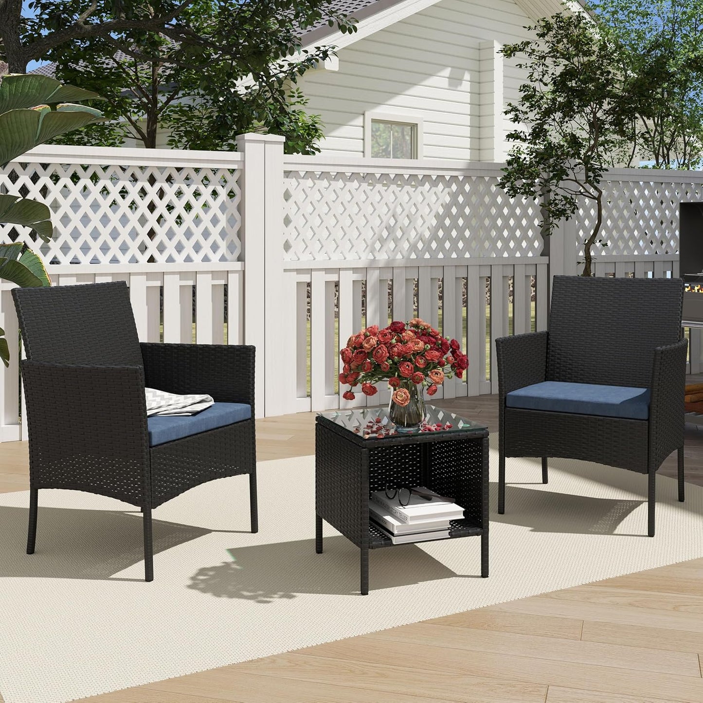3 Piece Patio Furniture Set - Outdoor Conversation Sets with Coffee Table, Rattan Chair Set for Garden/Poolside, Coffee/Blue