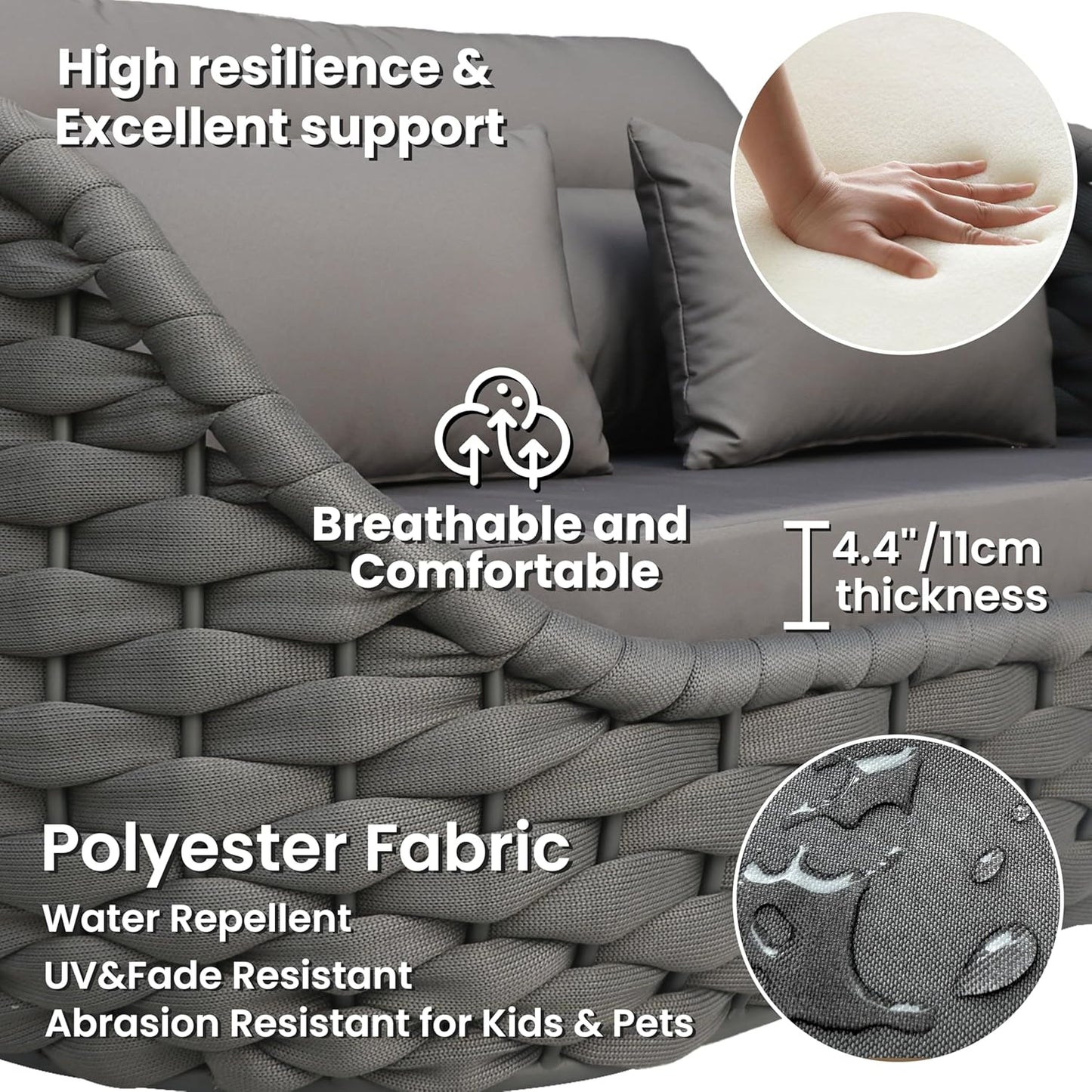 Aluminum Outdoor Seating Set: 5 Pieces Woven Rope Patio Furniture Conversation Set - Modern Deck Loveseat Set Cushioned - Assembled Metal Porch Lounge Set for Yard Garden Lanai Hotel, Dark Grey