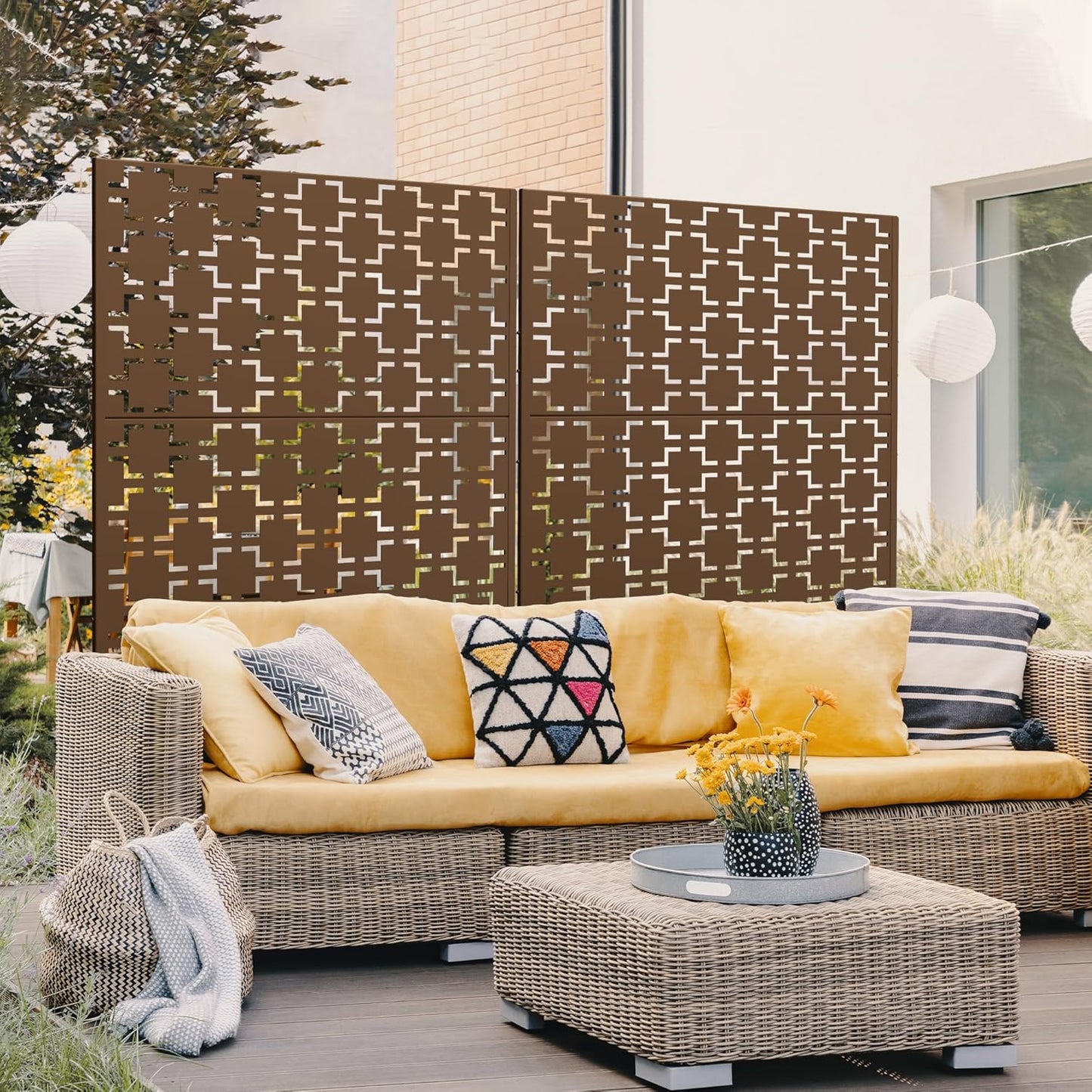 Metal Privacy Screen Outdoor 72" H×47" W,Freestanding Decorative Privacy Screen for Balcony Yard&Garden,Privacy Fence-Brown&Square