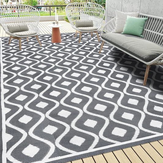 Pauwer Reversible Outdoor Rug, 9'x12', Waterproof, Polypropylene, Moroccan Grey, Area Rug for Patio, RV, Camping, Picnic, Backyard, Deck, Balcony, Porch