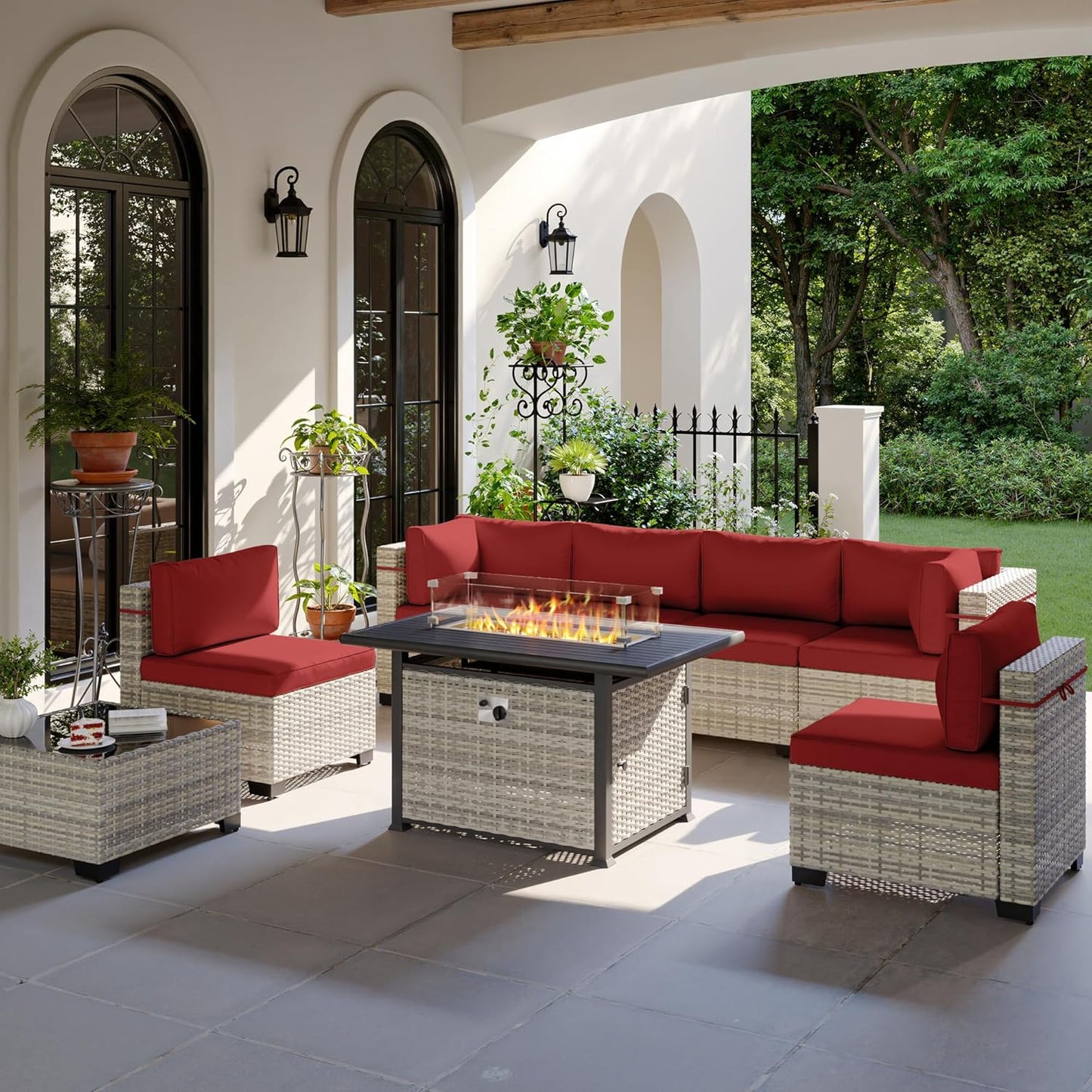 8-Piece Patio Furniture Set, Outdoor Patio Furniture with 55,000 BTU Fire Pit Table, Thick Cushions, Modular Patio Sofa, Dual-Strand Wicker Rattan, Rust-Resistant Frame, Red