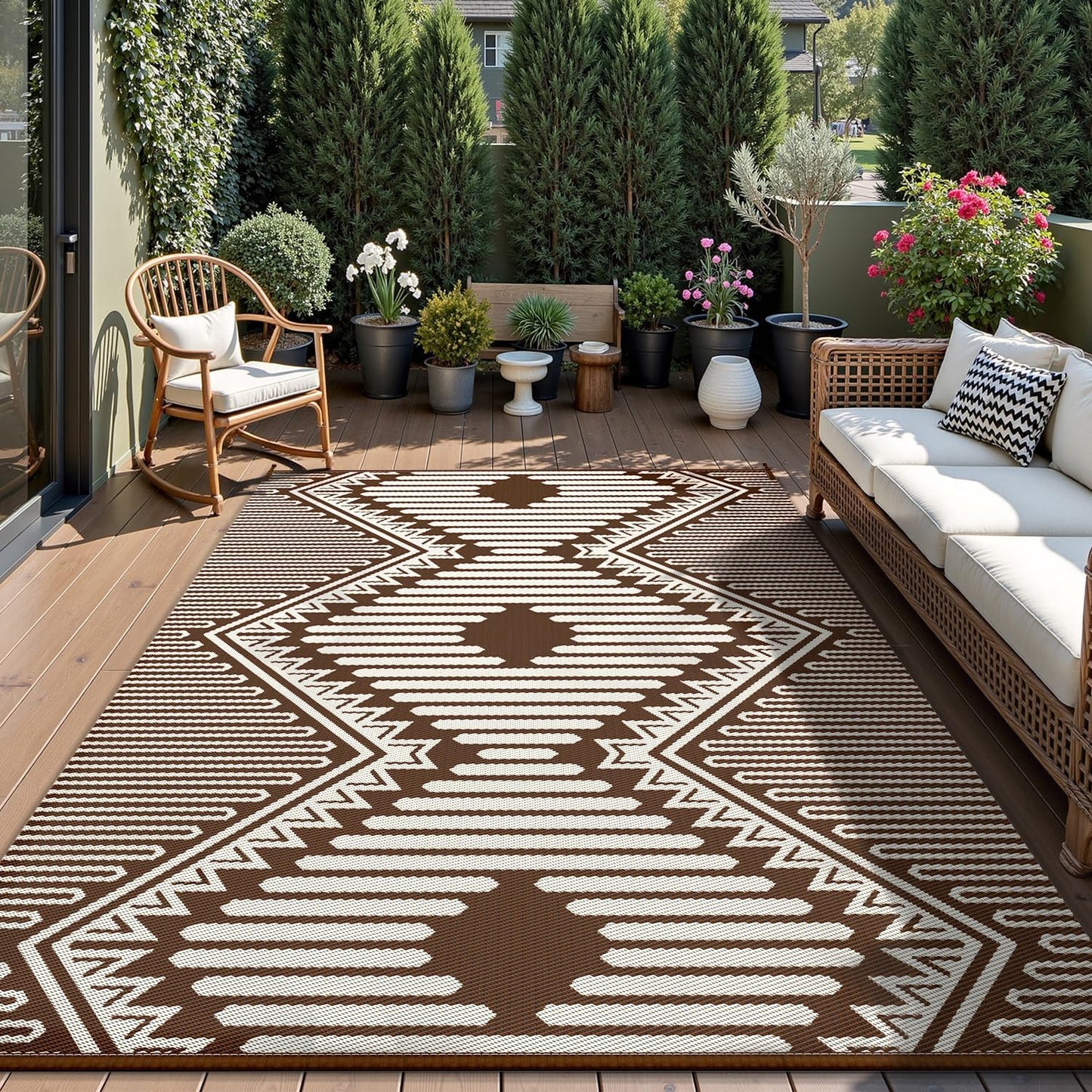 MontVoo Outdoor Rug 8x10 Waterproof Patio Rug-Outdoor Carpet Mat Reversible Plastic Straw Outside Outdoor Rug for RV Camping Picnic Balcony Backyard Pool Deck Porch Modern Boho Beige Brown