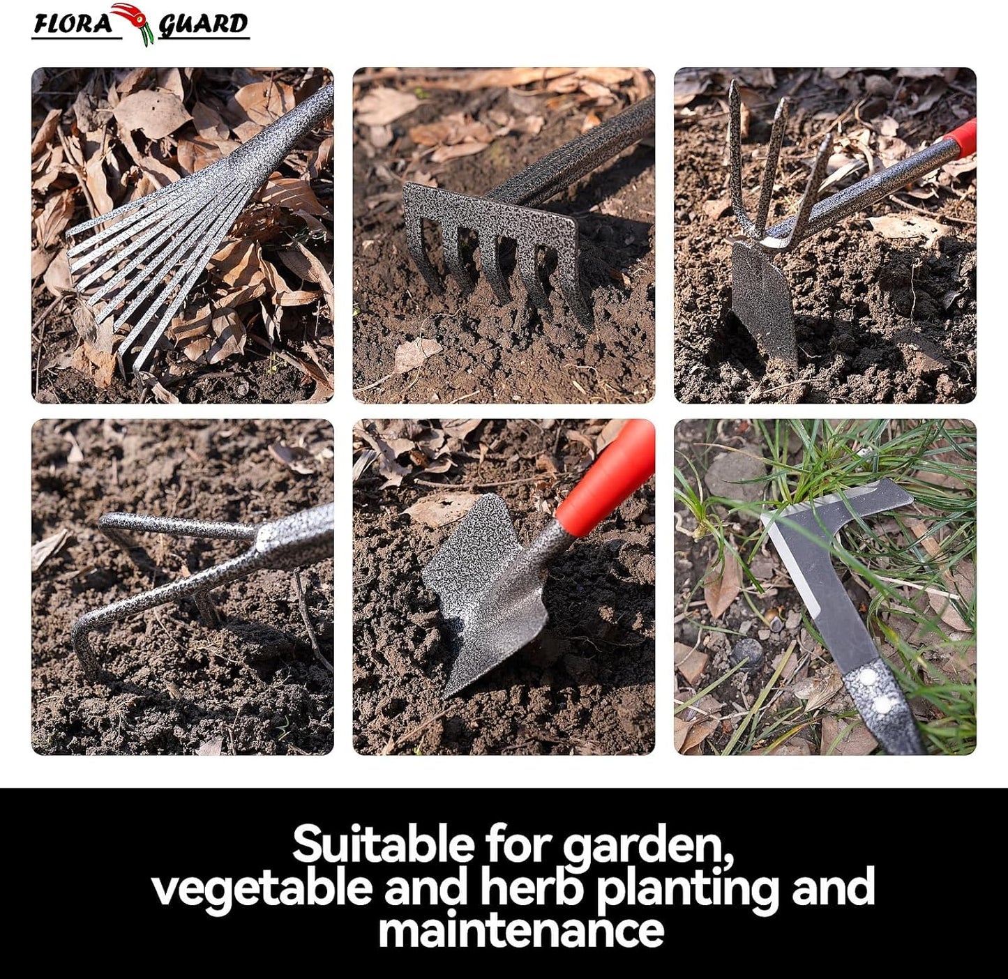 FLORA GUARD Garden Tool Set， 6 Piece Heavy Duty, Large Size Gardening Hand Tools, Sturdy & Durable, Classic Utility Gardening Gift for Men and Women