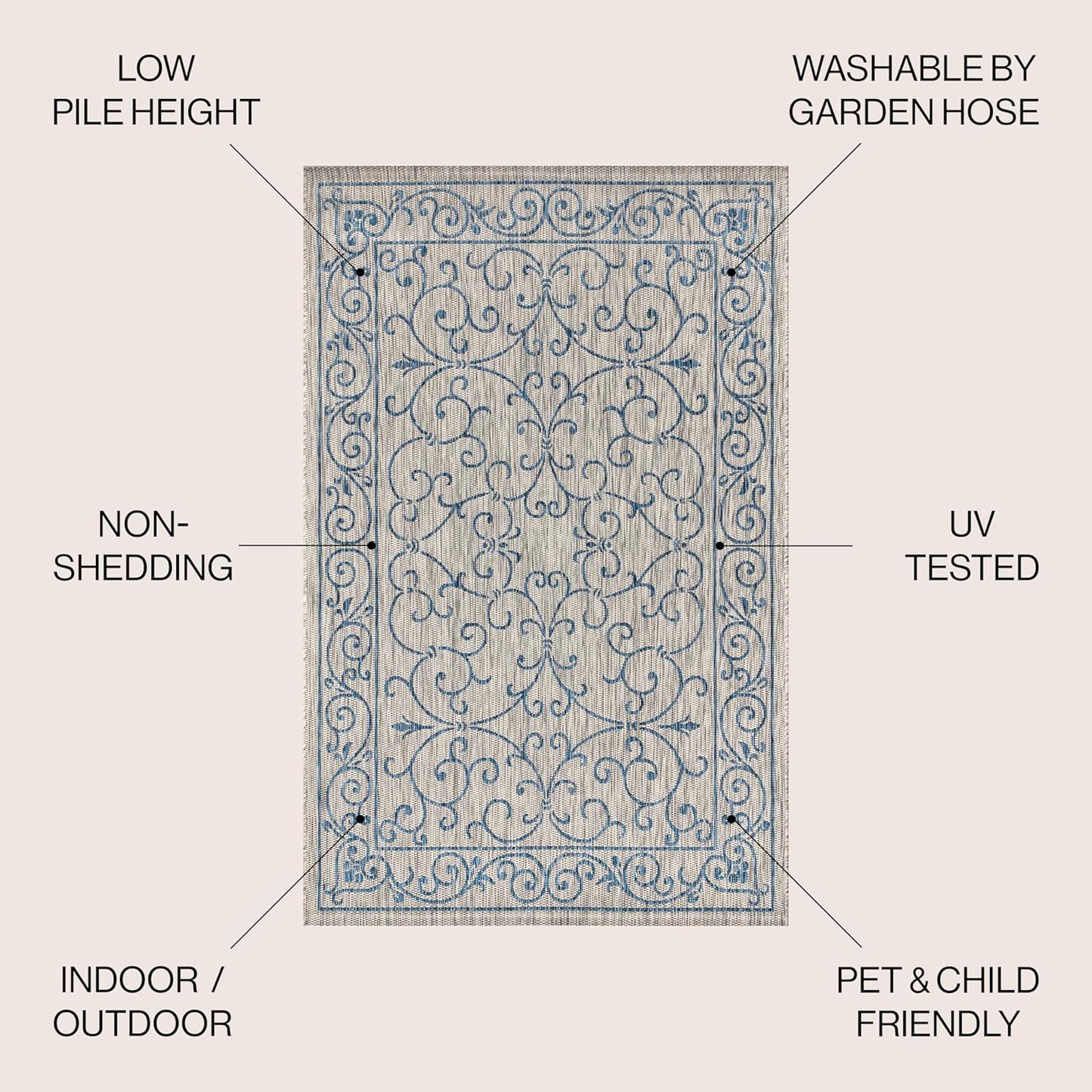 JONATHAN Y SMB106C-6SQ Charleston Vintage Filigree Textured Weave Gray/Navy 6' Square Indoor/Outdoor Area Rug, Pet Friendly, Non-Shedding, Stain Resistant, Easy-Cleaning for Backyard, Patio, Porch