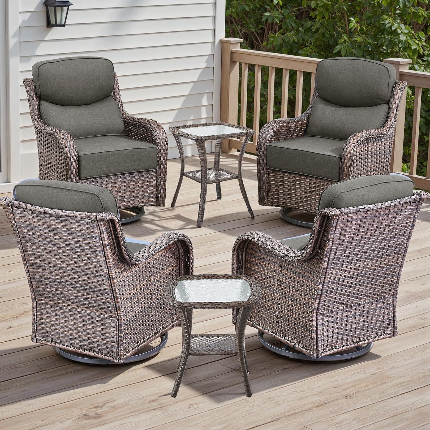 6 Piece Outdoor Patio Swivel Rocker Chairs, Waterproof Wicker, High Back, Deep Seating, Wide Armrest, Upgraded 6 inch Thick Cushions, Side Table, Ideal for Deck Porch Yard, Brown/Grey