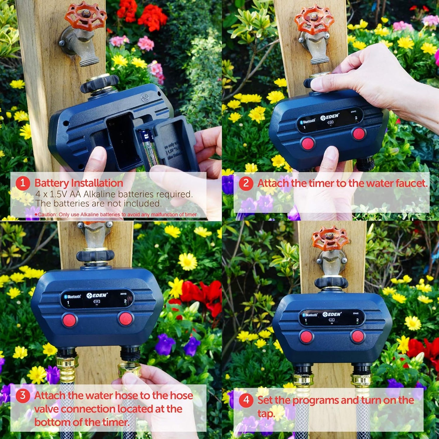 Eden 93442 2-Zone Bluetooth Water Timer for Smart Irrigation - Remote Control via App, Customizable Scheduling, and Water Delay Setting