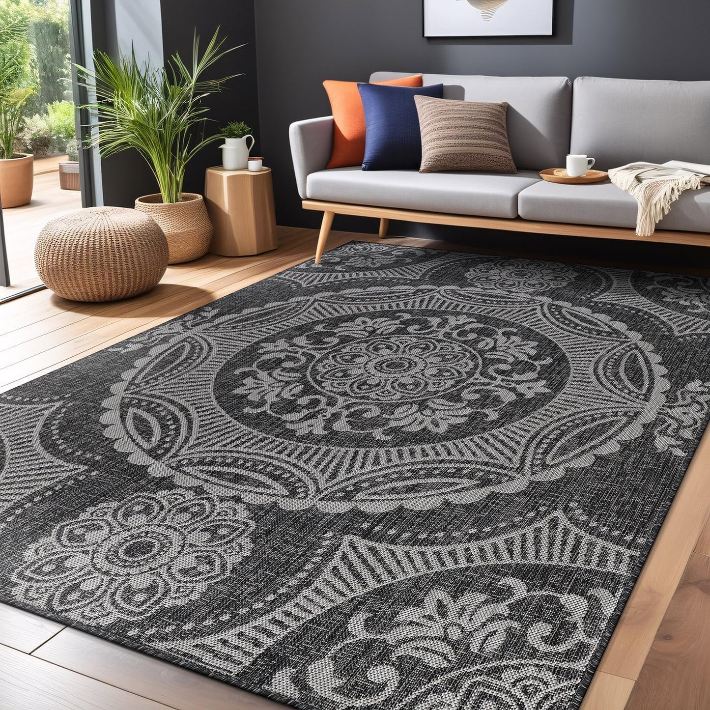 Medallion Outdoor Rug 8x10 Washable Outside Carpet for Indoor Patio Porch Waterproof Easy Cleaning Non Shedding Area Rugs Dark Gray 8 x 10