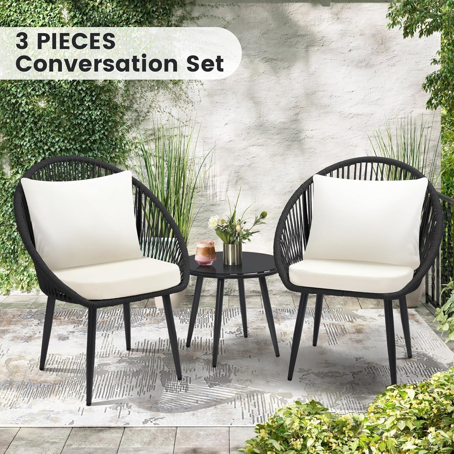 3 Pieces Bistro Set, Woven Rope Chair with Cushions, All Weather Patio Conversation Set and Side Table, Ideal for Deck, Balcony, Poolside, Black