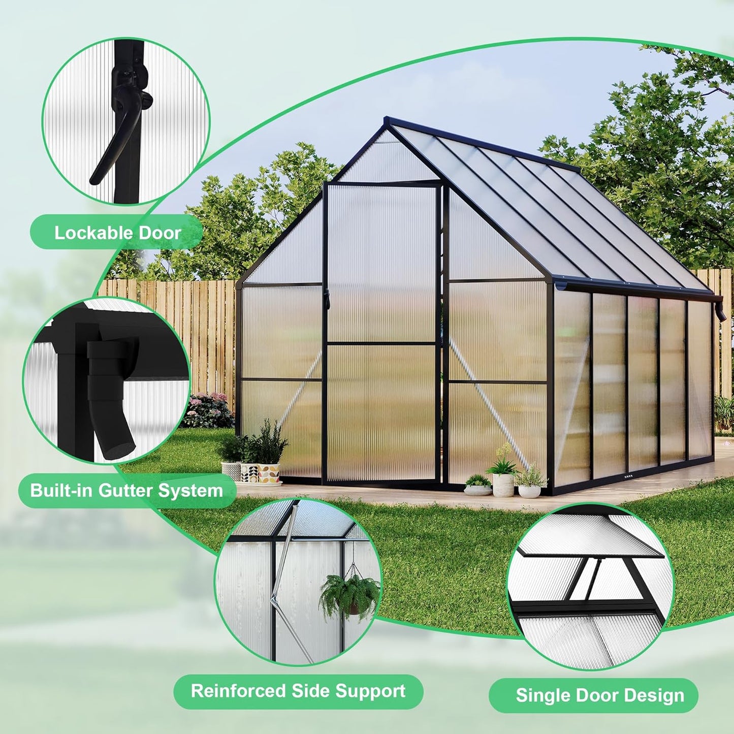 8'x10' Aluminum-Framed Polycarbonate Greenhouse, Heavy Duty Polycarbonate Greenhouse with Quick Setup Structure and Roof Vent, Large Enhanced Aluminum Green House Kit for Outdoors