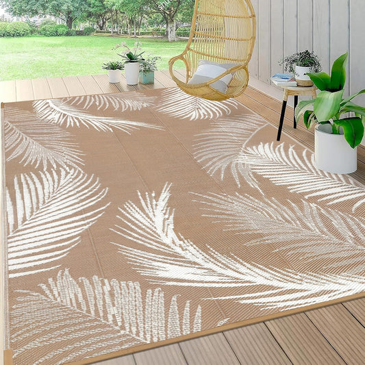 Pauwer Waterproof Outdoor Rug 5x8, Reversible Plastic Straw Patio Camping Rug, Indoor Outdoor RV Mat Carpet for Deck, Camper, Porch, Balcony, Backyard, Picnic, Leaf Brown