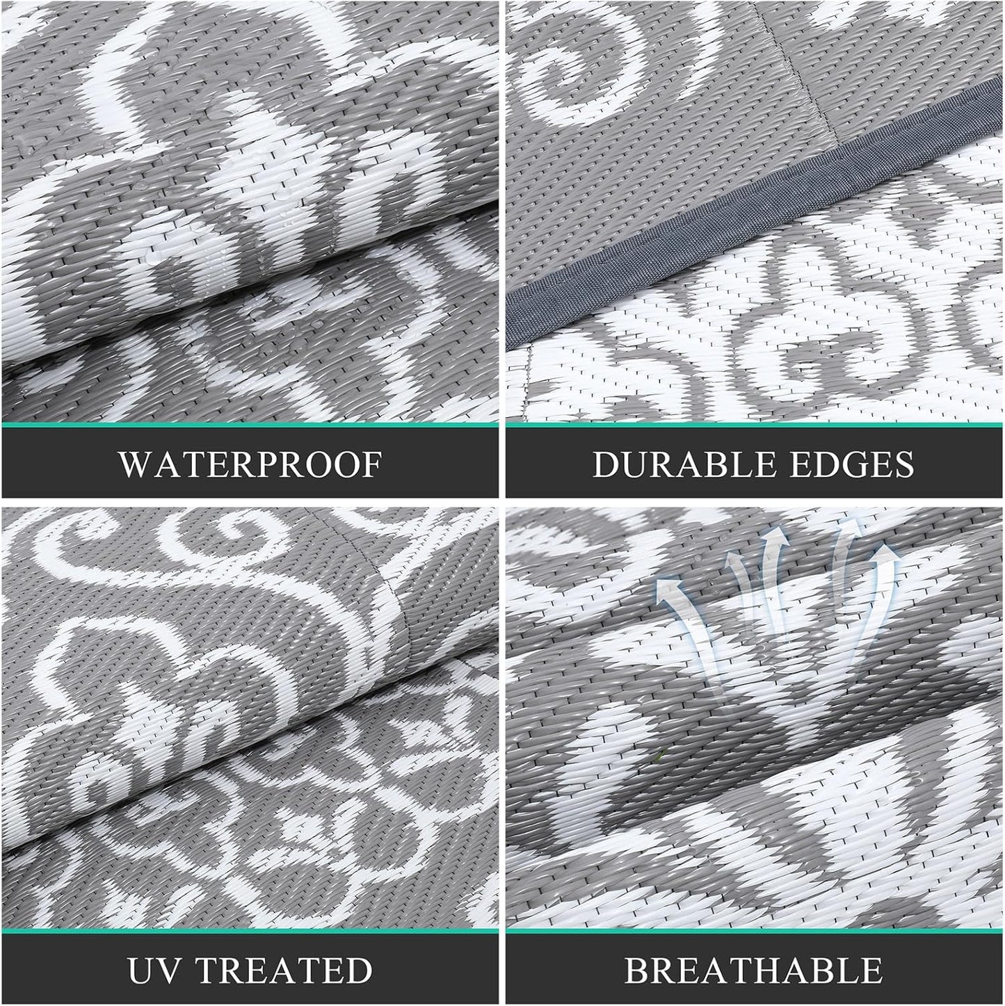 Pauwer Waterproof Outdoor Rug 8x10, Reversible Plastic Straw Patio Camping Rug, Indoor Outdoor RV Mat Carpet for Deck, Camper, Porch, Balcony, Backyard, Picnic, Floral Grey