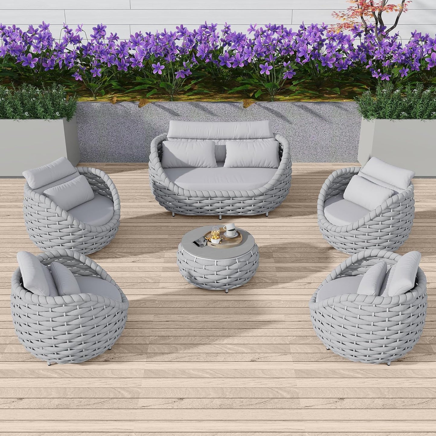 Aluminum Outdoor Patio Furniture Set with Coffee Table, 6 Piece Patio Conversation Sets with Washable Cushions Covers, Patio Sectional Furniture Set for Porch, Balcony, Deck, Yard, Light Grey