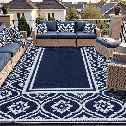 Outdoor Rug 8x10 Patio Camping Carpet Waterproof Mat Blue Outside Plastic Area Rug Reversible Rugs for RV Deck Entryance Porch Picnic Balcony Beach(8x10ft Navy Blue&White)