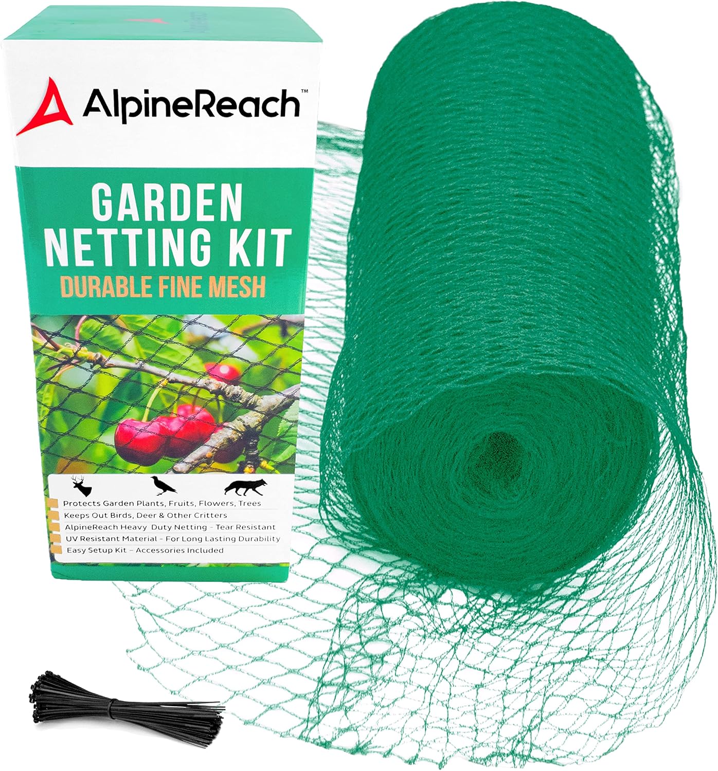 AlpineReach Garden Netting 15 x 50 ft Heavy Duty Bird Net, Deer, Plant Protection Extra Strong Woven Mesh, Reusable Kit with Zip Ties, Animal Fencing for Fruits Trees, Green