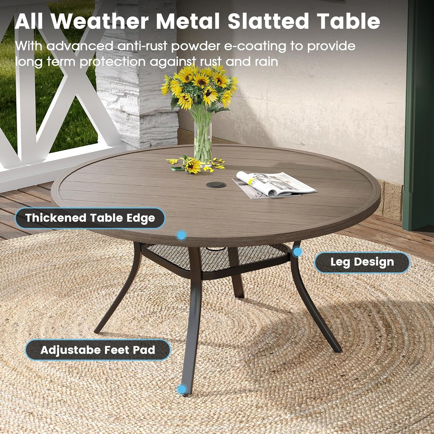 DIFY 48" Round Patio Dining Table for 6, Outdoor Metal Dining Table with 1.57" Umbrella Hole for Backyard Lawn Garden, Grey Wood-Like