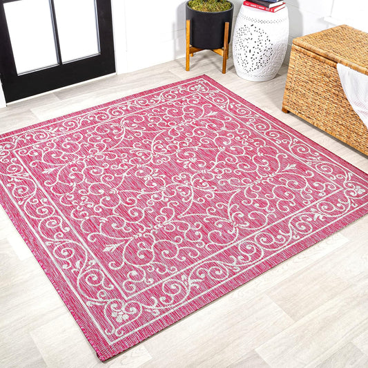 JONATHAN Y SMB106J-5SQ Charleston Vintage Filigree Textured Weave Indoor Outdoor Area Rug, Classic Traditional,Bedroom,Kitchen,Backyard,Patio, Fuchsia/Light Gray, 5' Square