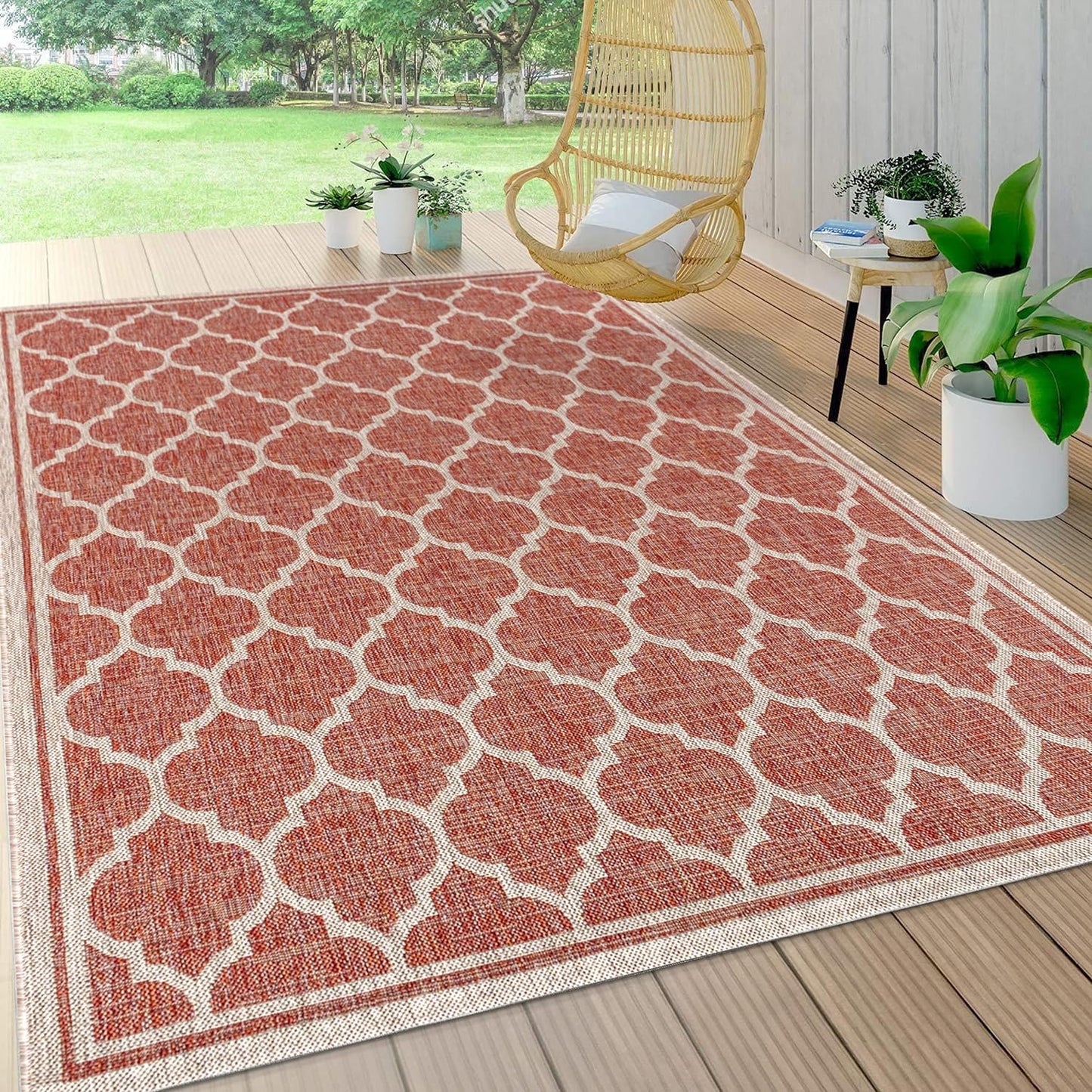 Eyely BMS109C-8 Santa Monica Trebol Moroccan Trellis Textured Weave Indoor/Outdoor Area Rug Coastal;Bohemian, Bedroom, Backyard, Patio, Easy-Cleaning, Non-Shedding, 8 X 10, Red/Beige