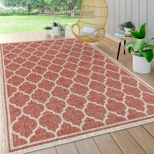 Eyely BMS109C-8 Santa Monica Trebol Moroccan Trellis Textured Weave Indoor/Outdoor Area Rug Coastal;Bohemian, Bedroom, Backyard, Patio, Easy-Cleaning, Non-Shedding, 8 X 10, Red/Beige