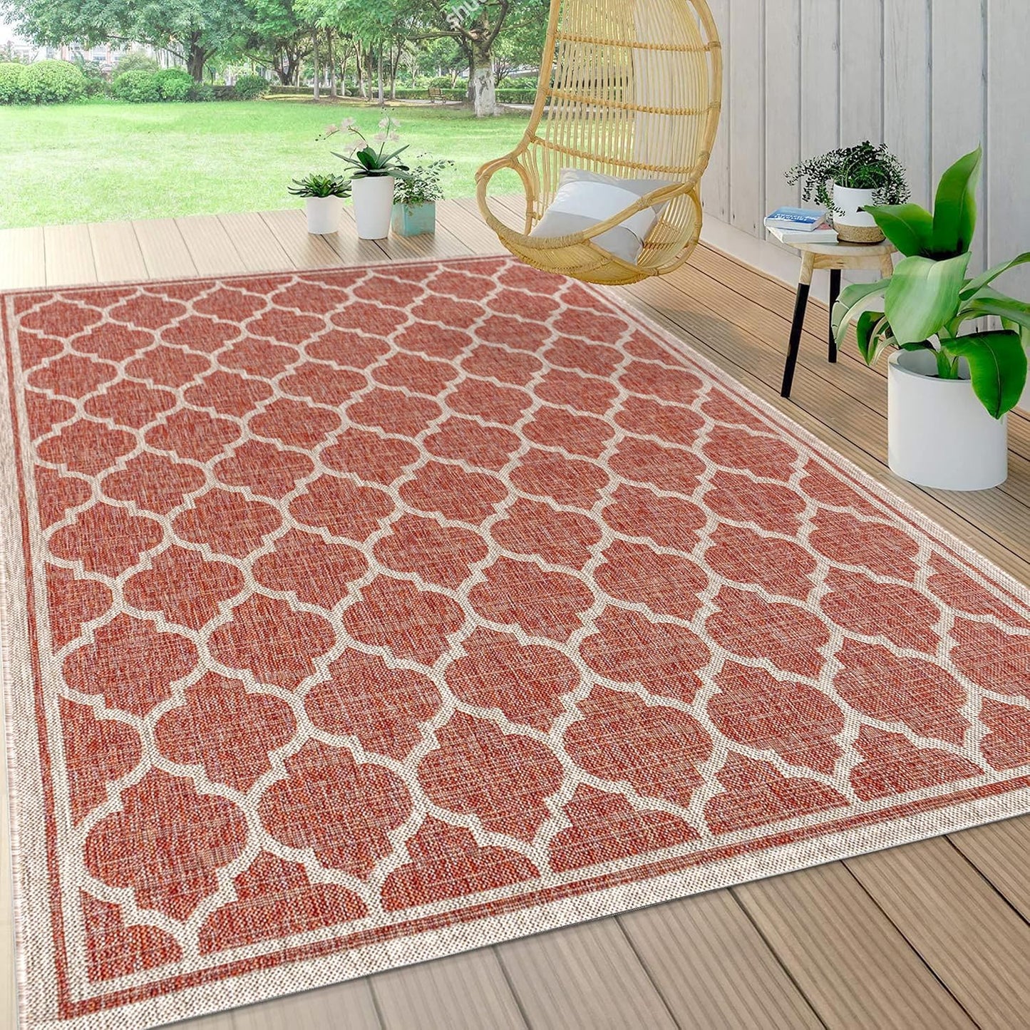 Eyely BMS109C-4 Santa Monica Trebol Moroccan Trellis Textured Weave Indoor/Outdoor Area Rug Coastal;Bohemian, Bedroom, Backyard, Patio, Easy-Cleaning, Non-Shedding, 4 X 6, Red/Beige