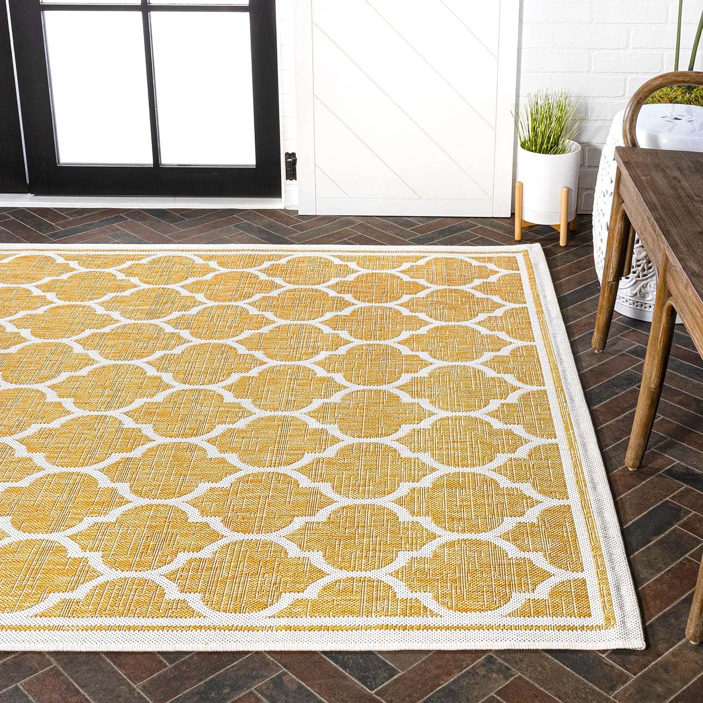 Eyely BMS109F-8 Santa Monica Trebol Moroccan Trellis Textured Weave Indoor/Outdoor Area Rug Coastal;Bohemian, Bedroom, Backyard, Patio, Easy-Cleaning, Non-Shedding, 8 X 10, Yellow/Cream