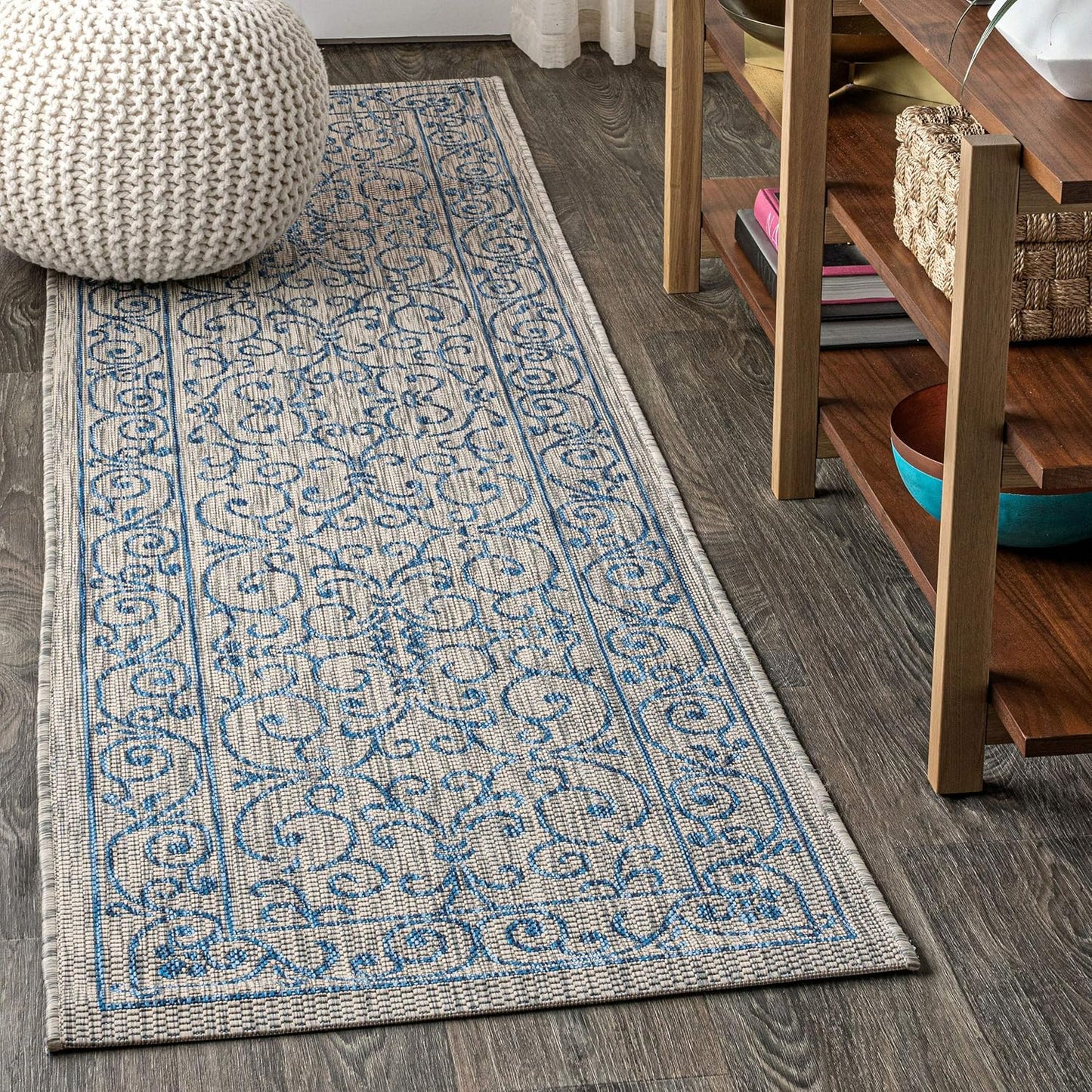 JONATHAN Y SMB106C-28 Charleston Vintage Filigree Textured Weave Indoor Outdoor Runner Rug Classic Coastal Easy-Cleaning Bedroom Kitchen Backyard Patio Non Shedding, 2 X 8, Gray/Navy
