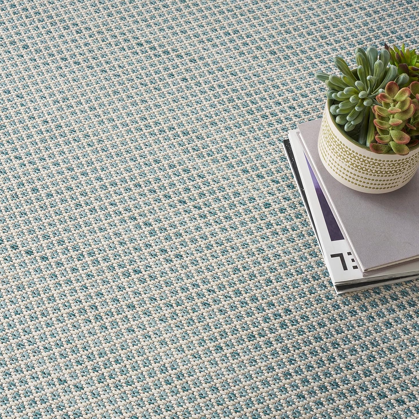 Nourison Home Courtyard Indoor/Outdoor Ivory/Aqua 8' x Square Area Rug, Easy Clean, Non Shedding, Bed Room, Living Room, Dining Room, Backyard, Deck, Patio (8 Square)