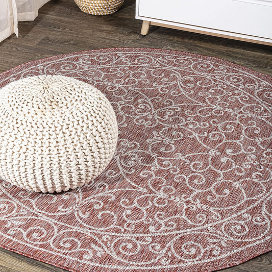 JONATHAN Y SMB106B-9R Charleston Vintage Filigree Textured Weave Red/Beige 9' Round Indoor/Outdoor Area Rug, Pet Friendly, Non-Shedding, Stain Resistant, Easy-Cleaning for Backyard, Patio, Porch