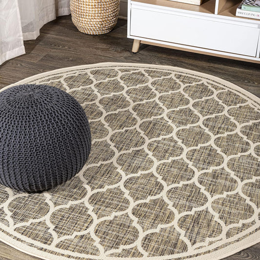 Eyely BMS109A-3R Santa Monica Trebol Moroccan Trellis Textured Weave, Pet Friendly, Non-Shedding, Stain Resistant, Easy-Cleaning, Brown/Beige, 3' Round, Indoor/Outdoor, Area Rug