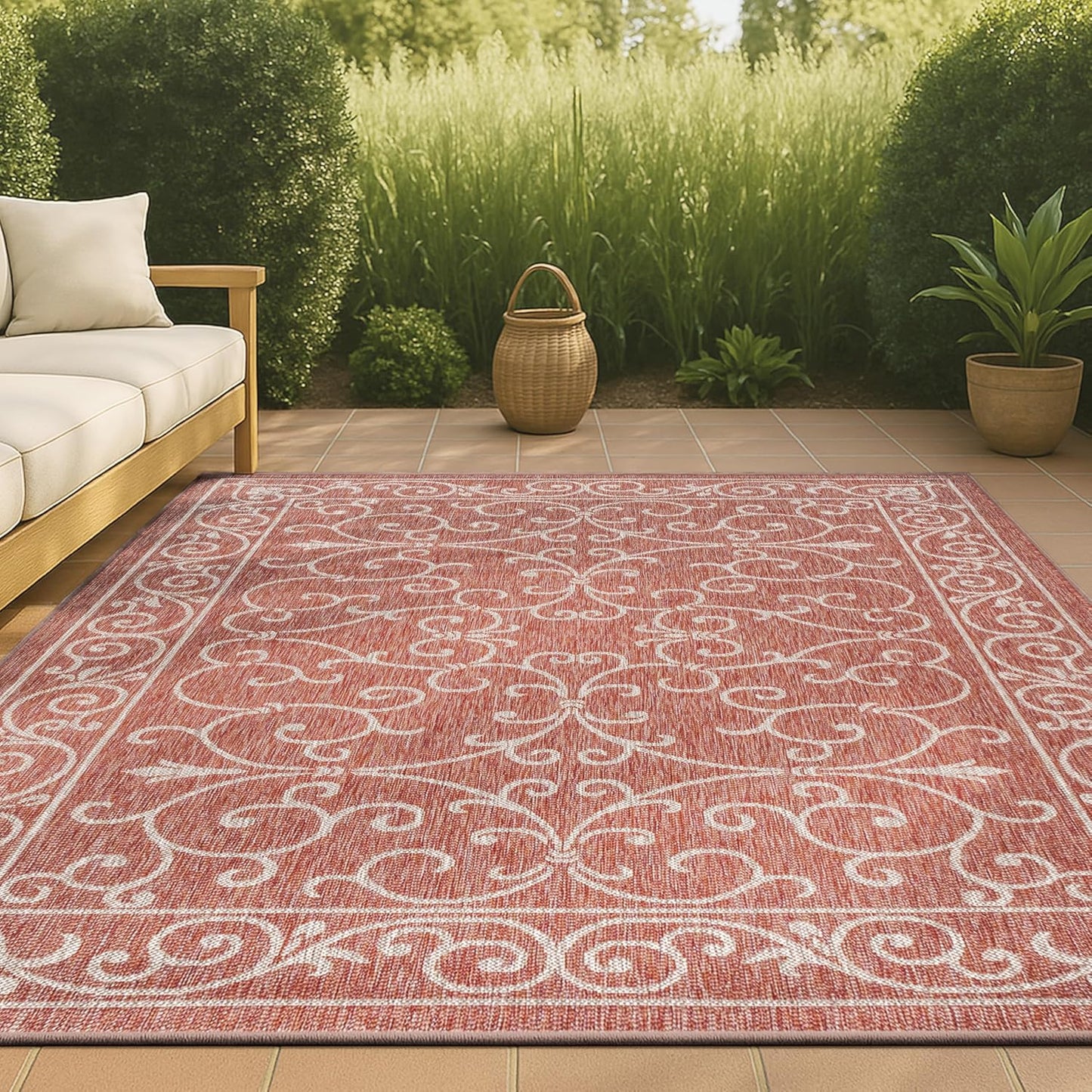 JONATHAN Y SMB106B-8 Charleston Vintage Filigree Textured Weave Indoor/Outdoor Red/Beige 8 ft. x 10 ft. Area Rug, Classic,Easy Cleaning,HighTraffic,LivingRoom,Backyard, Non Shedding