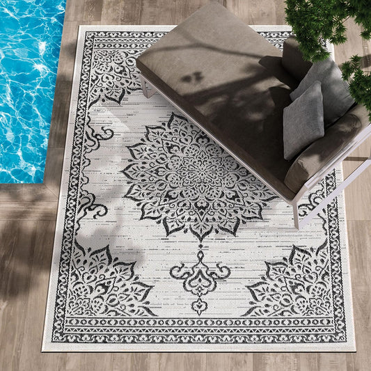 CAMILSON Outdoor Rug, 5x7 Medallion White Black Modern Area Rugs for Indoor and Outdoor Patios, Kitchen and Hallway Mats, Washable Porch Deck Outside Carpet (Medallion White, 5 x 7)
