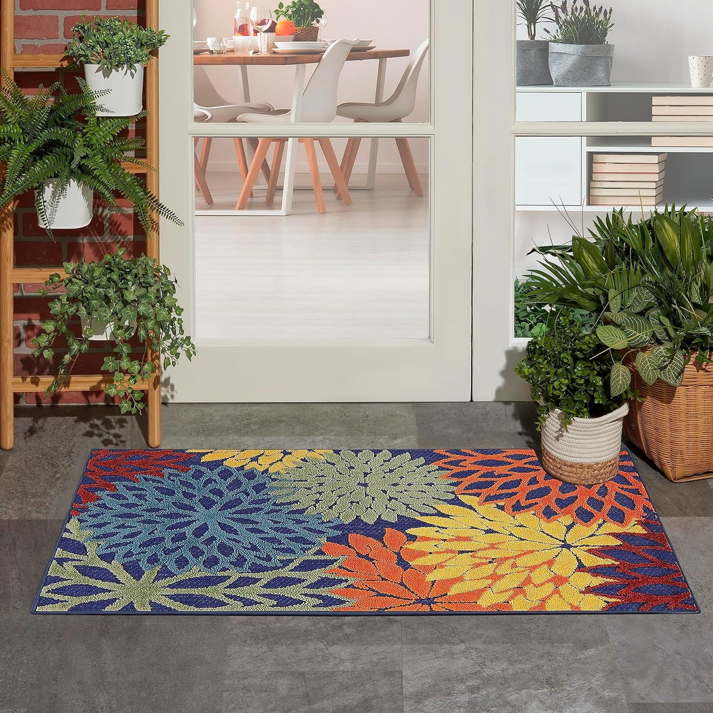 Nourison Home Aloha Indoor-Outdoor Navy Multicolor 2'8" x 4' Area Rug, Easy Cleaning, Non Shedding, Bed Room, Living Room, Dining Room, Backyard, Deck, Patio (3x4)