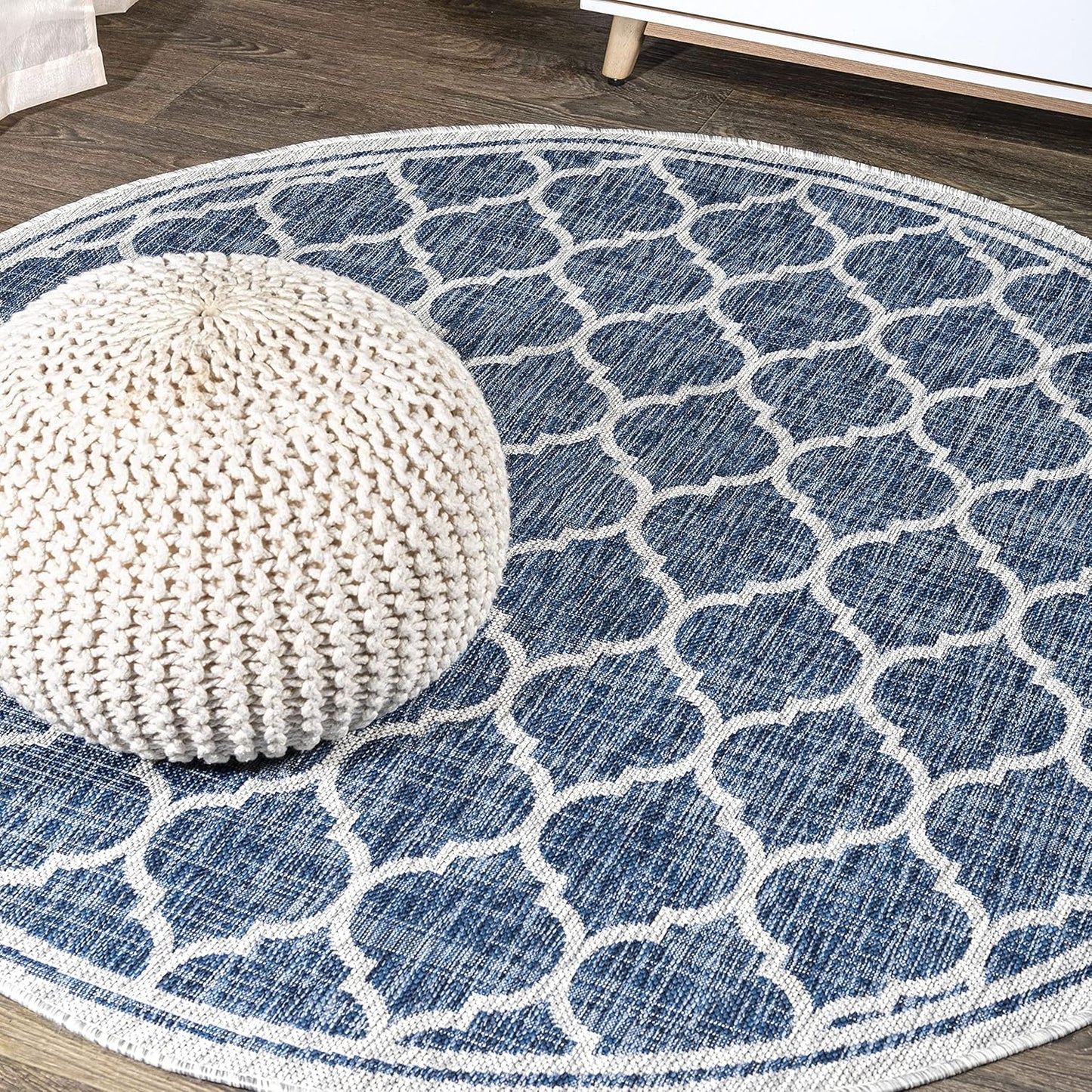 Eyely BMS109D-6R Santa Monica Trebol Moroccan Trellis Textured Weave, Pet Friendly, Non-Shedding, Stain Resistant, Easy-Cleaning, Navy/Gray, 6' Round, Indoor/Outdoor, Area Rug