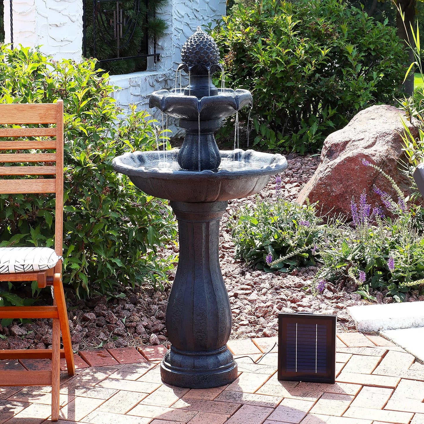 Sunnydaze Pineapple 46-Inch 2-Tier Outdoor Solar Fountain - Decorative Water Fountain with Pump for Garden, Patio, Yard or Balcony - Black