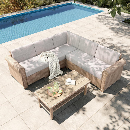 HERA'S HOUSE 6 Piece Patio Furniture Set, Outdoor Sectional Wicker Sofa with 44" Coffee Table, 5.5" Thick Waterproof Cushion All Weather 5 Seats Modular Conversation Couch Set for Garden Deck Backyard