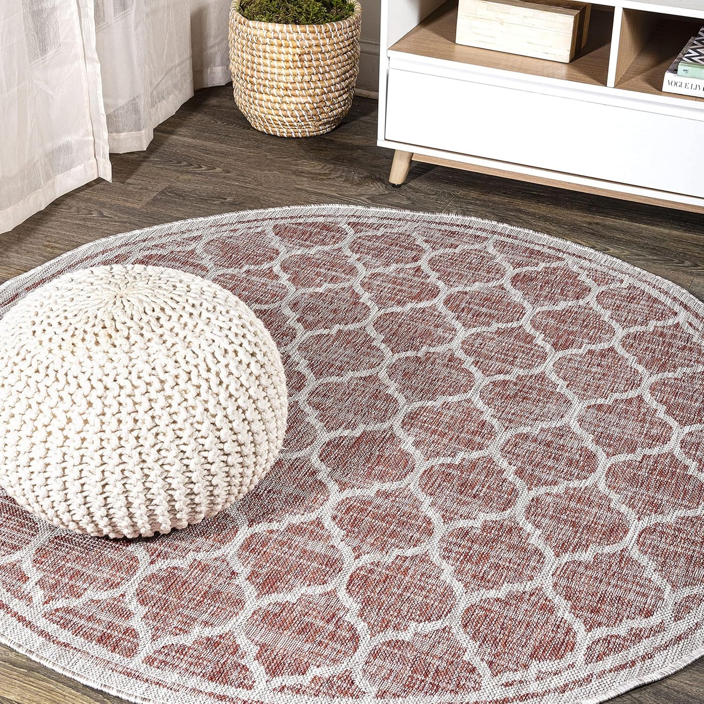 Eyely BMS109C-6R Santa Monica Trebol Moroccan Trellis Textured Weave, Pet Friendly, Non-Shedding, Stain Resistant, Easy-Cleaning, Red/Beige, 6' Round, Indoor/Outdoor, Area Rug