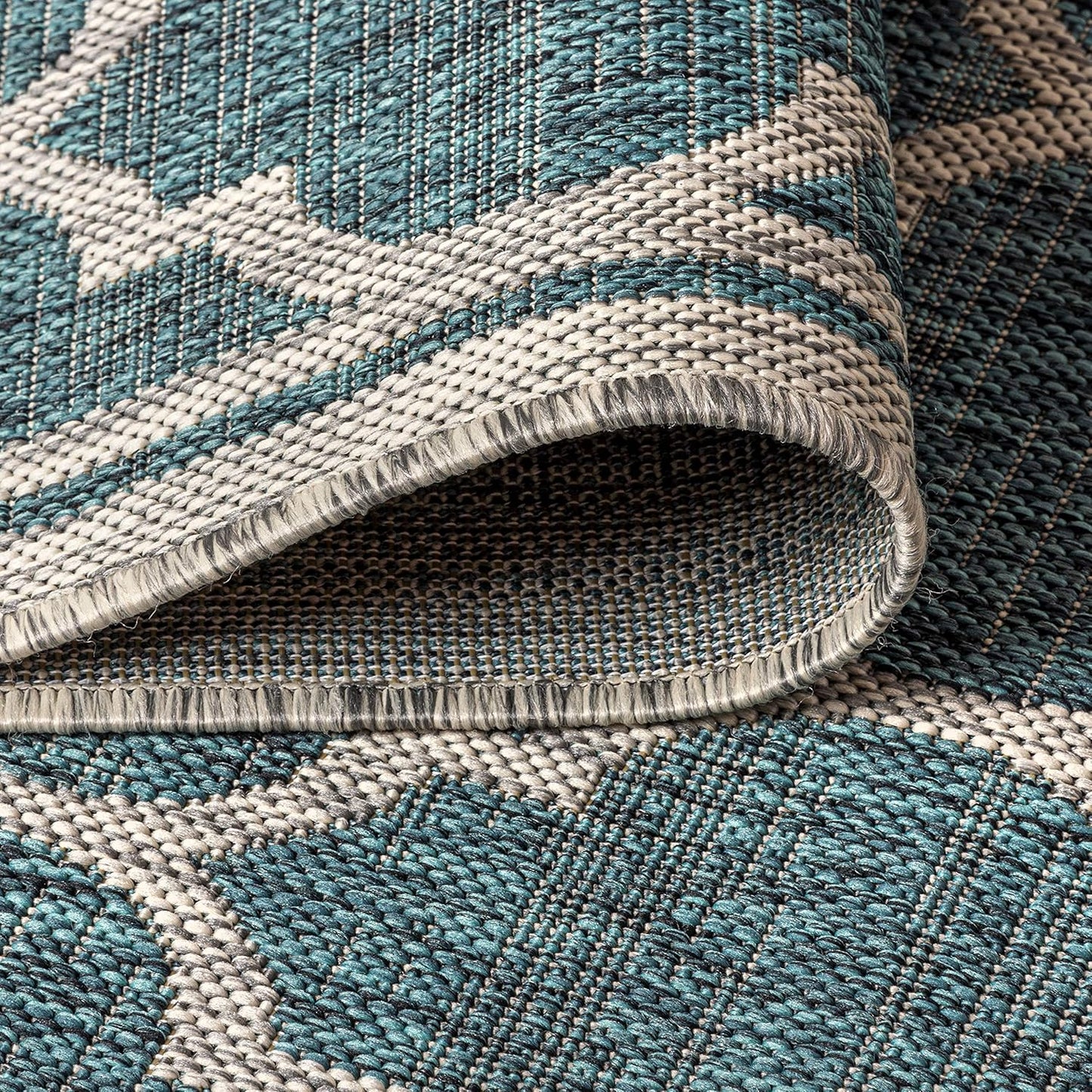 Eyely BMS109E-28 Santa Monica Trebol Moroccan Trellis Textured Weave Indoor/Outdoor Runner Rug Coastal;Bohemian, Bedroom, Backyard, Patio, Easy-Cleaning, Non-Shedding, 2 X 8, Teal/Gray