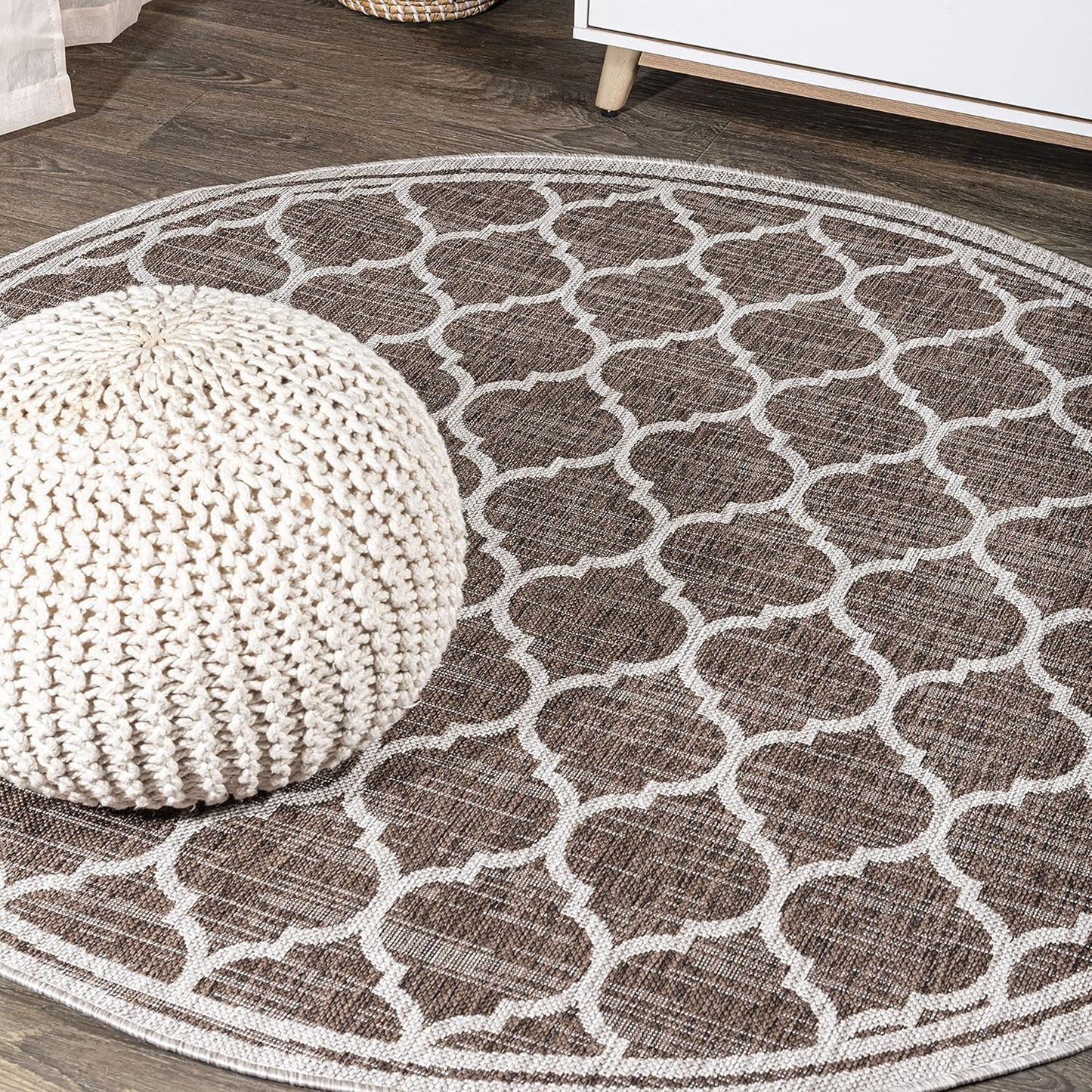 Eyely BMS109B-6R Santa Monica Trebol Moroccan Trellis Textured Weave, Pet Friendly, Non-Shedding, Stain Resistant, Easy-Cleaning, Espresso/Taupe, 6' Round, Indoor/Outdoor, Area Rug
