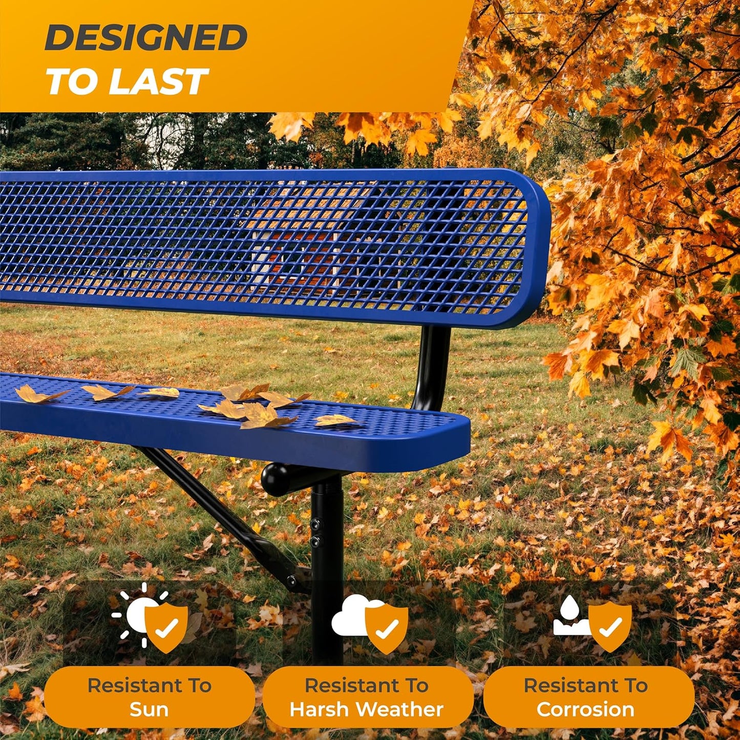 Heavy-Duty Outdoor Metal Bench, Thermoplastic-Coated, Inground, Weatherproof, Commercial-Grade for Parks, Gardens, Patios, Stores & More (8 Ft - Inground with Back, Blue)