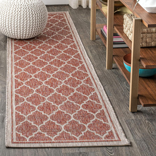 Eyely BMS109C-210 Santa Monica Trebol Moroccan Trellis Textured Weave Indoor/Outdoor Runner Rug Coastal;Bohemian, Bedroom, Backyard, Patio, Easy-Cleaning, Non-Shedding, 2 X 10, Red/Beige