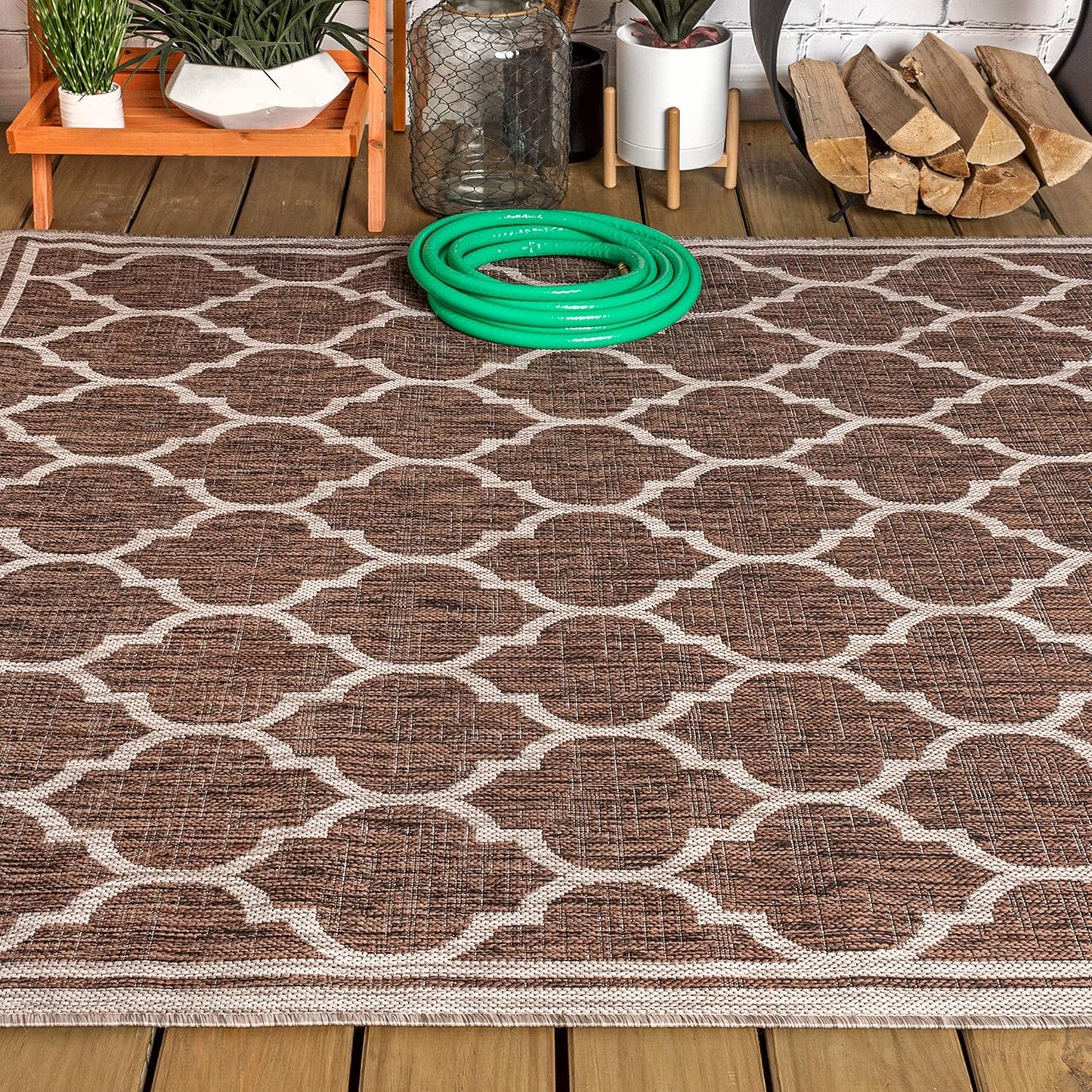 Eyely BMS109B-5 Santa Monica Trebol Moroccan Trellis Textured Weave Indoor/Outdoor Area Rug Coastal;Bohemian, Bedroom, Backyard, Patio, Easy-Cleaning, Non-Shedding, 5 X 8, Espresso/Taupe
