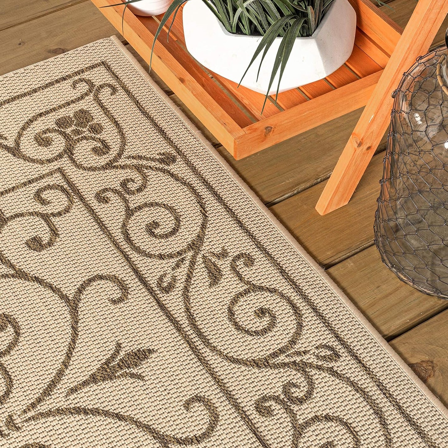 JONATHAN Y SMB106A-210 Charleston Vintage Filigree Textured Weave Indoor Outdoor Runner Rug Classic Coastal Easy-Cleaning Bedroom Kitchen Backyard Patio Non Shedding, 2 X 10, Beige/Brown