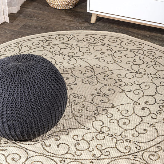 JONATHAN Y SMB106A-5R Charleston Vintage Filigree Textured Weave Indoor Outdoor Area Rug Classic Coastal Easy-Cleaning Bedroom Kitchen Backyard Patio Non Shedding, 5' Round, Beige/Brown