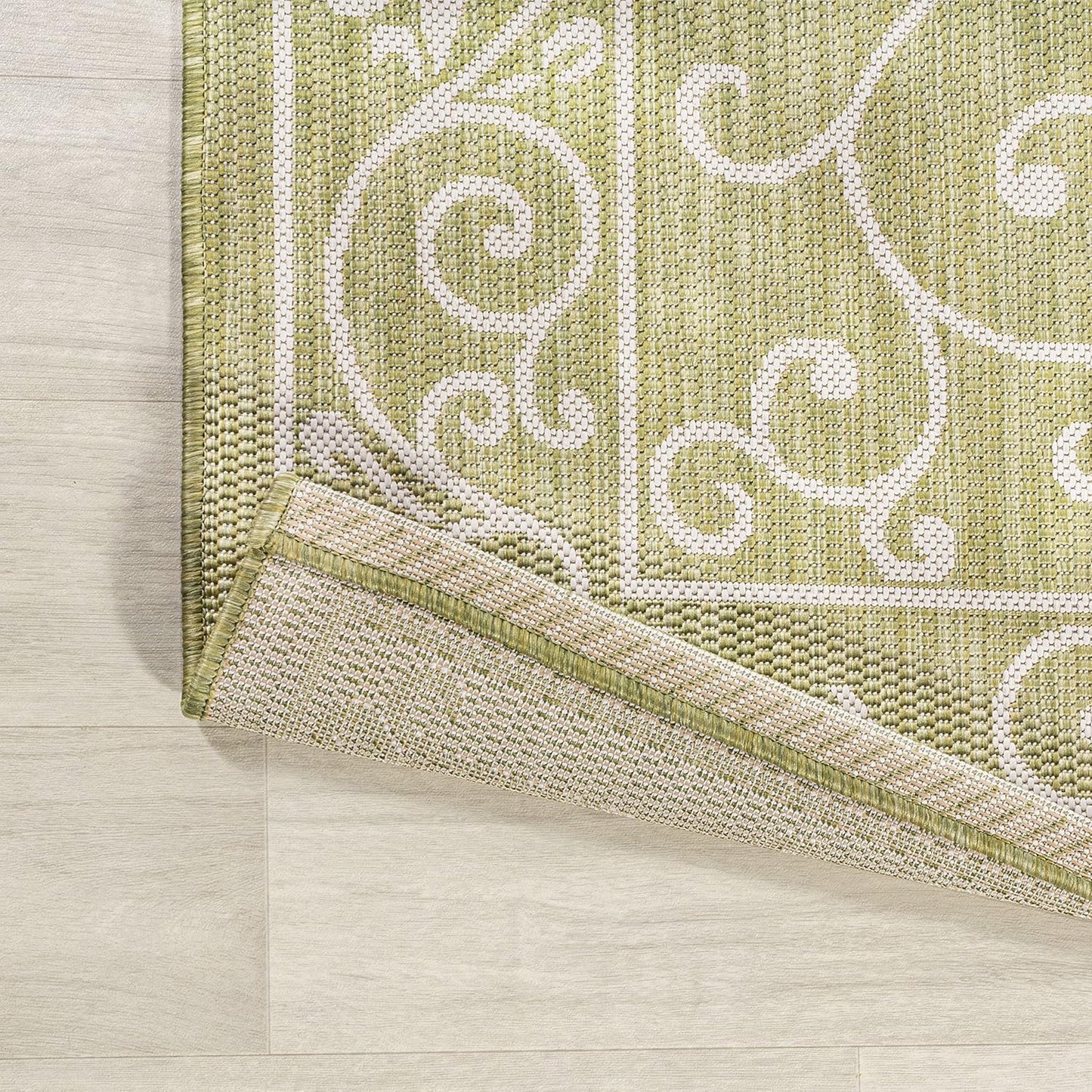 JONATHAN Y SMB106H-28 Charleston Vintage Filigree Textured Weave Indoor Outdoor Runner Rug, Coastal,Traditional,Transitional Easy Clean,Bedroom,Kitchen,Backyard,Patio, Non-Shed, Green/Cream, 2 X 8