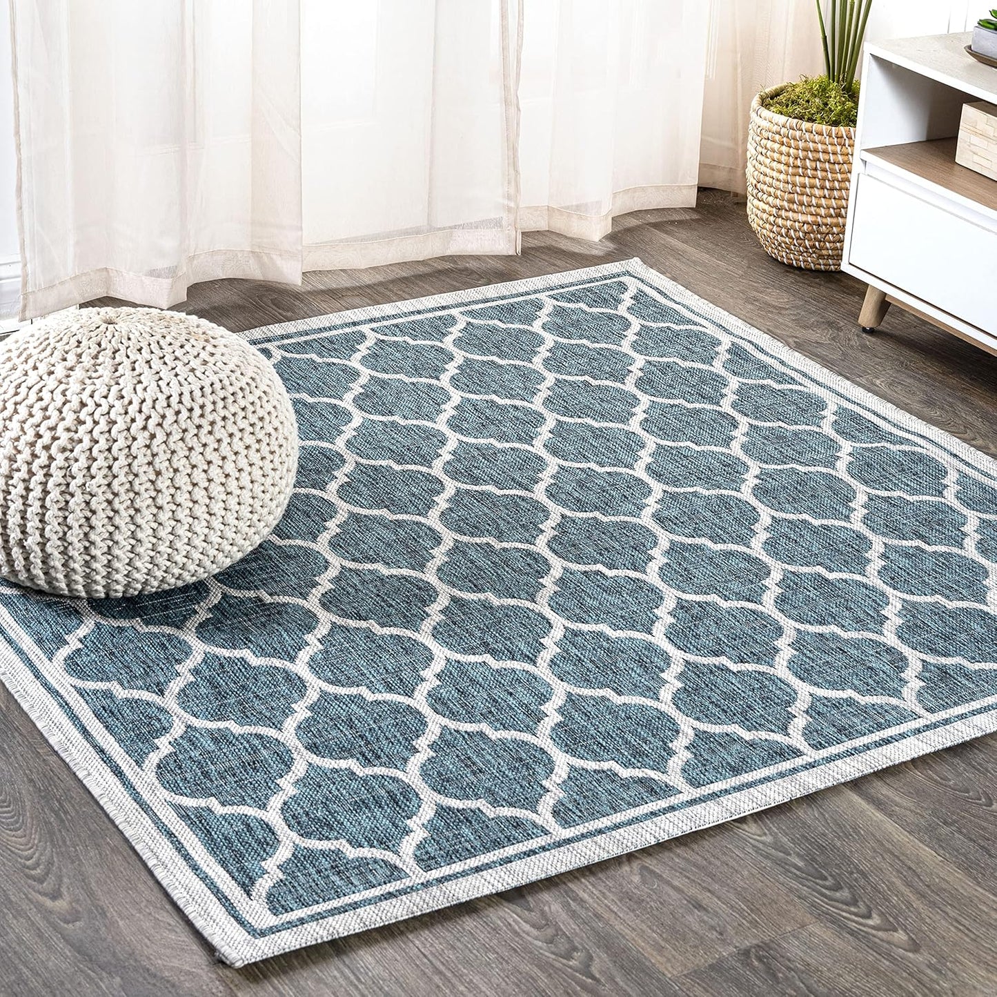 Eyely BMS109E-4SQ Santa Monica Trebol Moroccan Trellis Textured Weave, Pet Friendly, Non-Shedding, Stain Resistant, Easy-Cleaning, Teal/Gray, 4' Square, Indoor/Outdoor, Area Rug