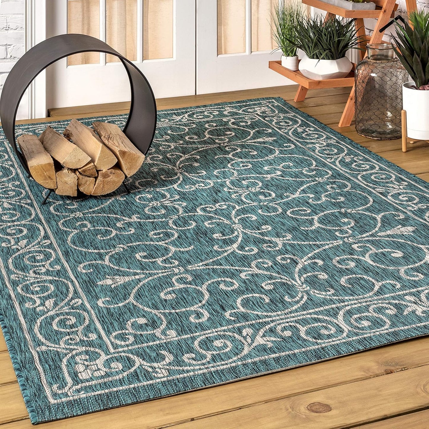 JONATHAN Y SMB106F-9 Charleston Vintage Filigree Textured Weave Indoor Outdoor Area Rug Classic Coastal Easy Cleaning Bedroom Kitchen Backyard Patio Non Shedding, 9 X 12, Teal/Gray