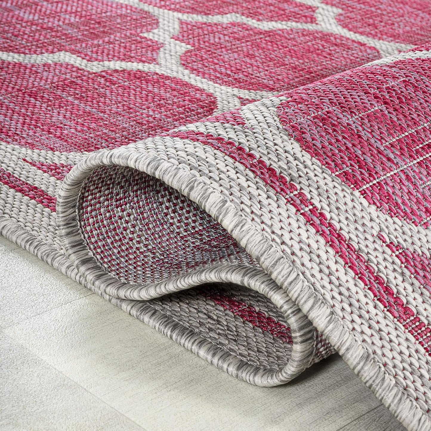 Eyely BMS109H-210 Santa Monica Trebol Moroccan Trellis Textured Weave Indoor/Outdoor Runner Rug Coastal;Bohemian, Bedroom, Backyard, Patio, Easy-Cleaning, Non-Shedding, 2 X 10, Fuchsia/Light Gray
