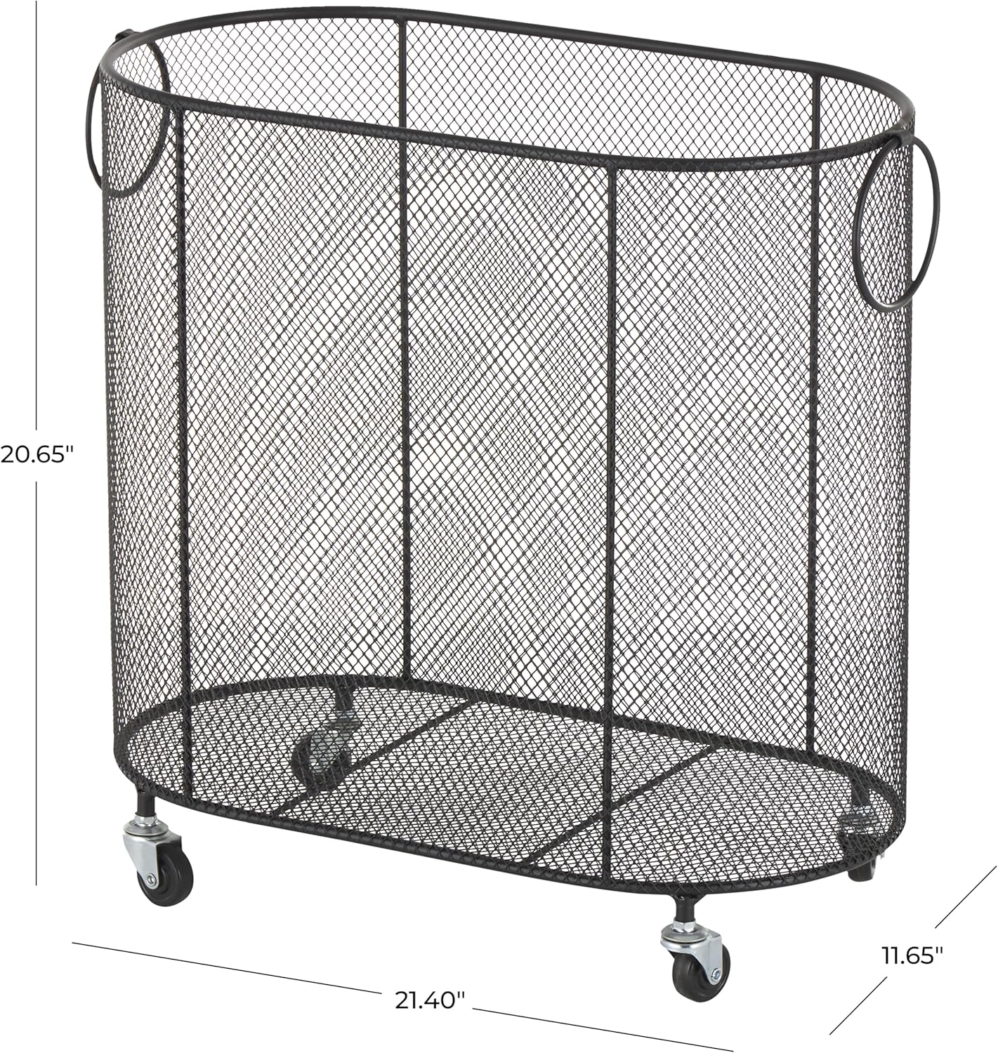 Deco 79 Metal Storage Cart Oval Mesh Wire Rolling Laundry with Ring Handles, 21" x 12" x 21", Black