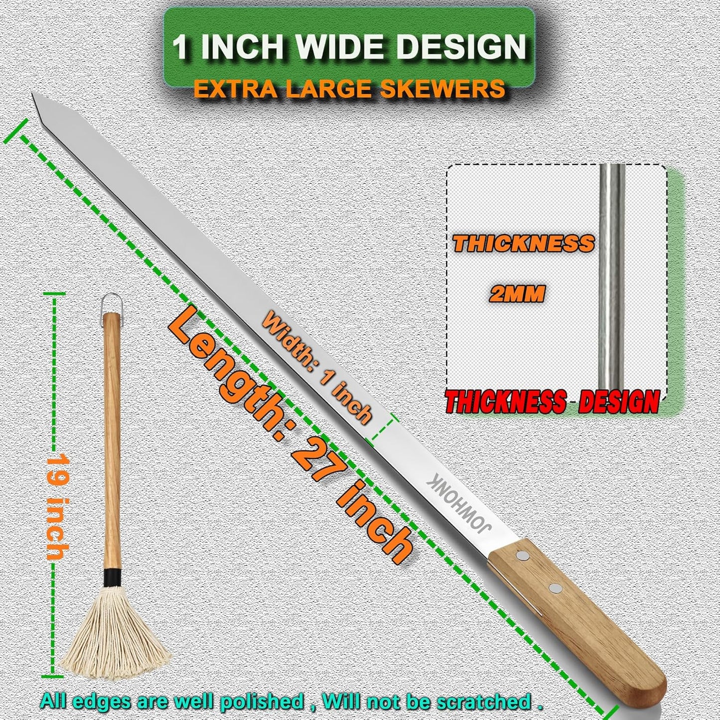 27" 304 Stainless Steel Skewers for Grilling,1 Inch Wide Extra Large Skewers for Kabobs with Wooden Handle,Metal Flat Barbecue Skewer Make Koobideh Brazilian-BBQ Skewer(4),BBQ Mop Brush(1)