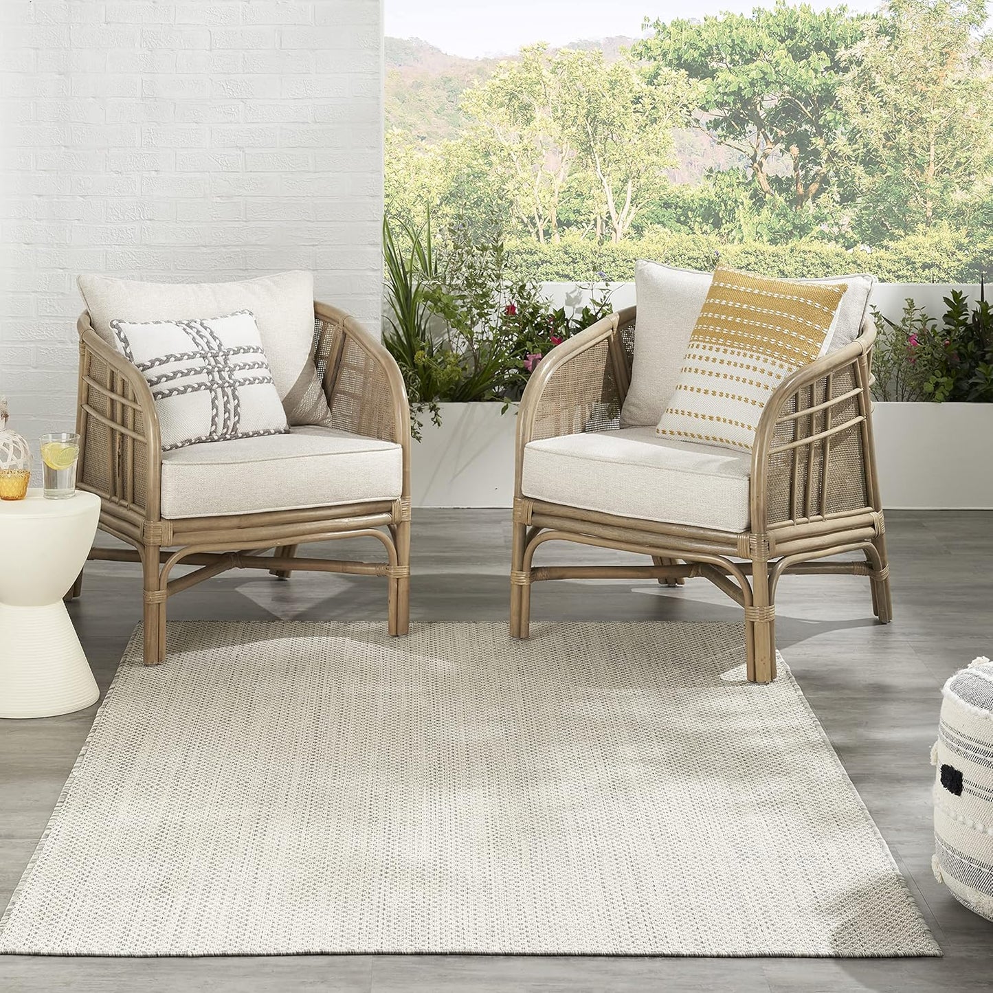 Nourison Home Courtyard Indoor/Outdoor Ivory Silver 6' x 9' Area Rug, Geometric, Easy Cleaning, Non Shedding, Bed Room, Living Room, Dining Room, Deck, Patio, Backyard (6x9)